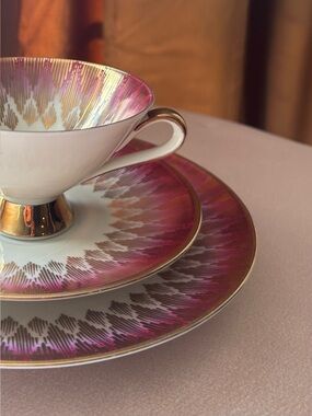 Winterling Porcelain Tea Cup Trio with Burgundy and Gold Radiant Border